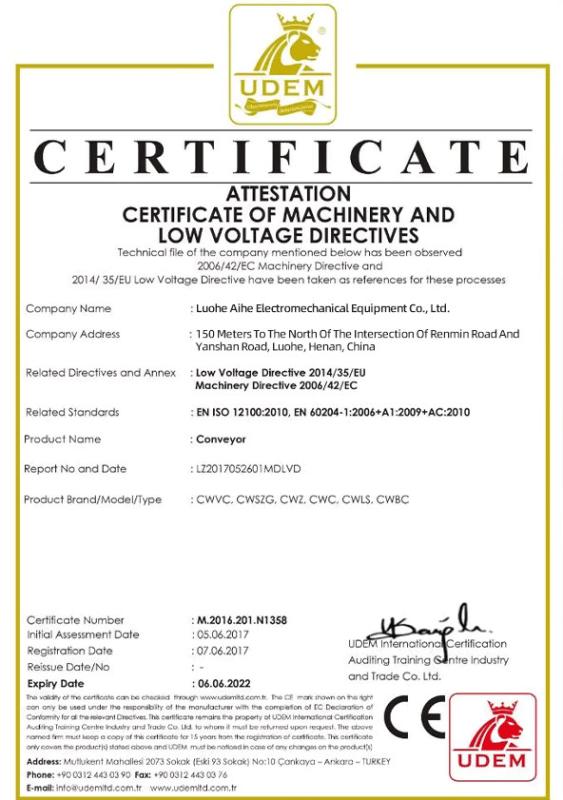 CERTIFICATE OF MACHINERY AND LOW VOLTAGE DIRECTIVES - Luohe Aihe Electromechanical Equipment Co., Ltd.