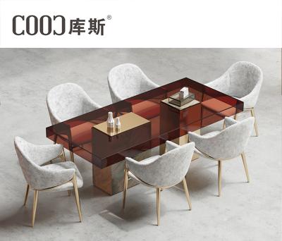 China Acrylic Slate Cruise Hotel Dining Table And Chair Set Reception Lobby Rectangle Table Dining Modern Dining Table Set Glass for sale