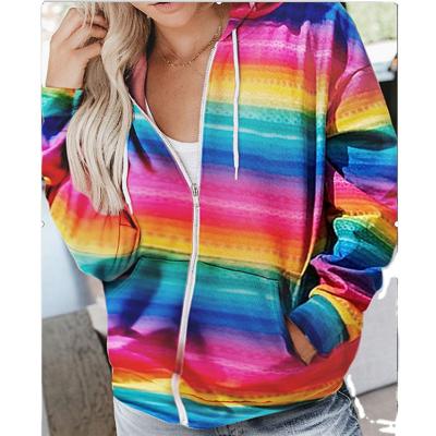 China 2020 Hot Selling Fashion Anti-wrinkle Fashion Rainbow Print Hooded Pocket Women's Casual Sweater Jacket for sale