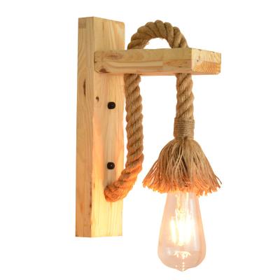 China E27 Style Hemp Rope Wall Lamp Industrial American Pastoral Vintage Wooden Wall Light for Restaurant Cafe Decor (Without Bulb) for sale