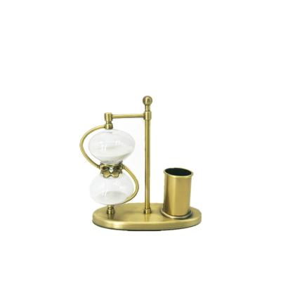 China Art Decor Custom Unique Rotating Hour Pen Holder Hourglass Glass-metal 30 Minute Sand Timer Clock for sale