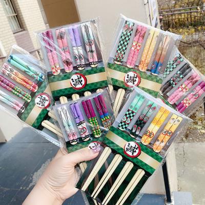 China 8 Viable Designs 4 Pairs Per Cute Demon Slayer Anime Bag Cartoon Reusable Natural Bamboo Chopsticks for sale