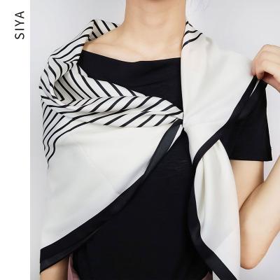 China Hot Sale Clothing Autumn Striped Printed Shawl Summer Style Matching Twill Faked New Square Silk Scarf Fashion Scarves Black White for sale