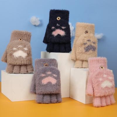 China Handsome Winter Cartoon Half Finger Gloves Soft Woolen Warm Gloves Students With Paw Design Cute Customized Of The Fin Pupil Cartoon Cat for sale