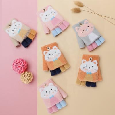 China Lovely Winter Cartoon Jacquard Kids Wool 3D Soft Acrylic Gloves Kitty Cat Gloves Pupil Half Fingers Gloves For Girls Cartoon for sale