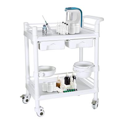 China Contemporary 2 Tier Medical Beauty Cart with 360 Degree Swivel Wheels and Dirt Bucket Drawer Storage for Hospital Clinic Beauty Salon for sale