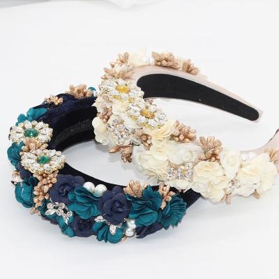 China Wholesale Chinese Style Floral Rhinestone Exaggerated Sponge Crystal Headband Comfortable Bridal Bottom Wide Hair Band for sale