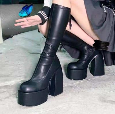 China Insulative Chunky Heeled Boots Women Leather Thigh High Long Thigh Boots for sale