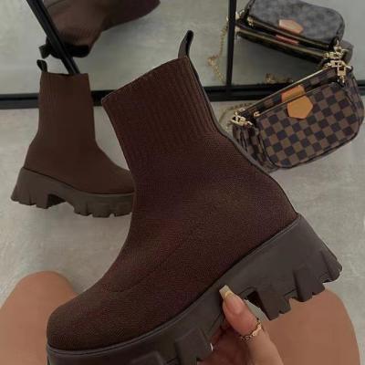 China 2021 rubber autumn and winter couple new bangs thick-soled red knitted shorts Botas Femininas de Chunky Boots Large Size Net women's boots for sale