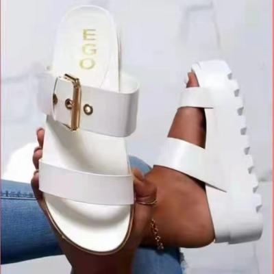 China Durable 2 Strap Buckle Chunky Slides Slippers White Sleek Wedge Sandals Drop Shipping Platform Heeled Sandals 2022 for sale