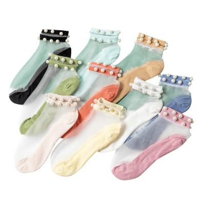 중국 New Fasion Style Antibacterial Crystal Transparent Sheer Socks For Women Lace Crew Pearl Crystal Socks 판매용