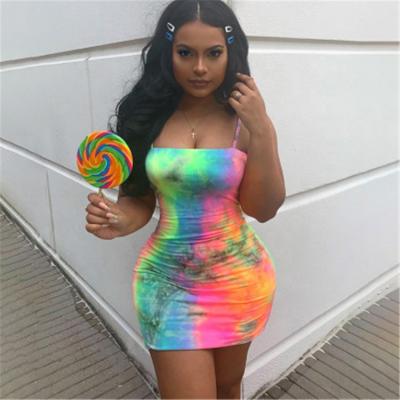 China 2020 Women Breathable Casual Mini Tie Dye Summer Dresses Bodycon Fashion Sleeveless Girl Strappy Casual Dress for sale