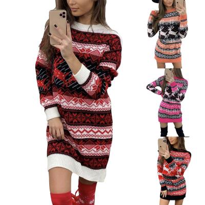 China 2021 Anti-wrinkle Christmas girls sweater elk Christmas jacquard new long sleeve knitted women sweater dress for sale