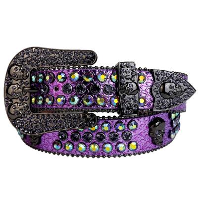 China Multi Purple Skull Snake Diamond Bling Bling Famous Brand Famous Brand Western Cowgirl Men's Leather Belts Rhinestone Studded Rhinestone Belts Wholesaler for sale