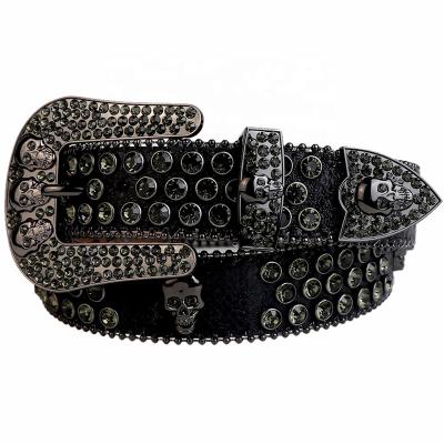 China Custom Black Crystal Bling Studded Rhinestone Belt Mens Western Cowboy Skull Buckle Leather Belts Premium Brand Famous Brand Rhinestone Bling Bling Belt for sale