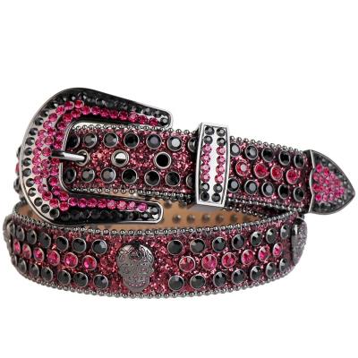 China Dropshipping cowhide glitter red diamond studded belts skull new design men&women leather waistband custom cheap strap for jeans for sale