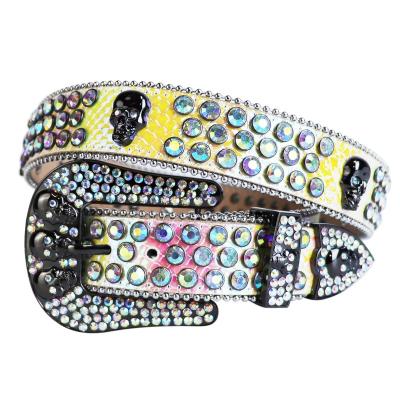 China Everyday life factory price rhinestone belts men fashion designer skull crystal belt western luxury leather bling detachable buckle for sale