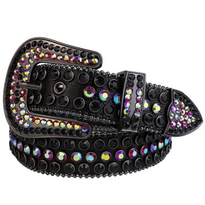 China Women 2021 Top Grain Leather Cowboy Belts Kids Garment Jeans Pants Belt Multi Colored Crystal Studded Black Rhinestone Custom Made for sale