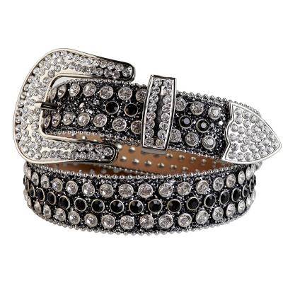 China Cowhide Custom Studded To Glitter Leather Belts With Removable Buckle Black And White Cowgirl Rhinestone Bling Crystal Belt For Jeans for sale