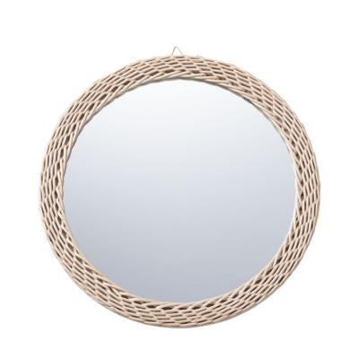 China Frame With Wood Designed 14 Inch Decorative Rattan Wall Mirror Woven Wicker Hanging Retro Round Mirror Wall Decor For Living Room for sale