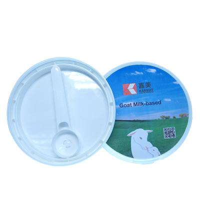 China Custom plastic competitive price China color iml 502 pp dust proof safe for factory children milk powder tin caps with measuring scoop for baby for sale