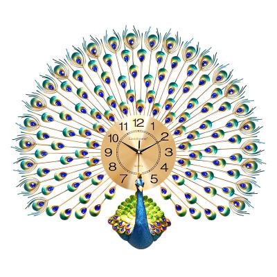 China Antique Simple Art Wall Clock Creative Atmosphere Chinese Style Peacock Wall Clock Home Living Room Decoration Mute Clock for sale