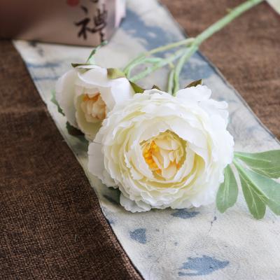 China Minimalist Amazon Wholesale Two Heads Fabric Artificial Flowers Wedding Decoration Silk Flowers Dried Rose Peony Artificial Flower for sale