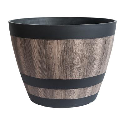 China Lightweight Whiskey Barrel Planter Flower Pots Look PP Lightweight Wooden Garden Plastic Balcony Garden Used With Flower/Green Plant for sale