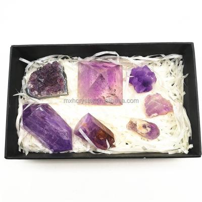 China Europe Amethyst Group Quartz Crystal Point Wand Mineral Specimen Natural Healing Stones Ore Seven Chakras Therapy Pyramid Rough Box for sale