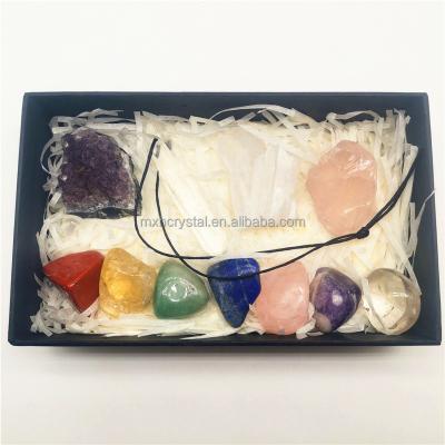 China Crystal Mineral Specimen Healing Stones Europe 11pcs Group Natural Amethyst Ore Seven Chakras Therapy Stone Rough Gift Box for sale