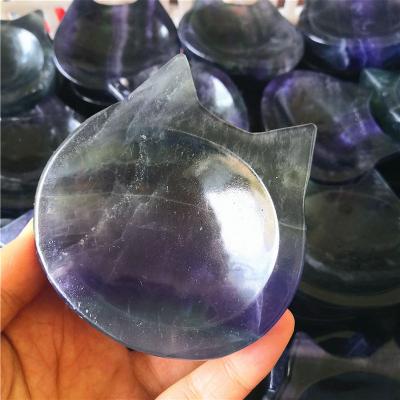 China Wholesale Natural Cut Colored Fluorite Cat Face Shape Ashtray Bowl Crystals From China For Decoration for sale