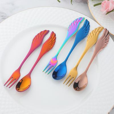 China Viable Creative Feather Shape Spoon Stainless Steel Tableware Coffee Dessert Fork Spoon for sale