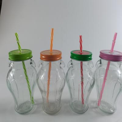 China Tropical Wholesale Glass Water Bottle Jar With Straw And Different Color Metal Lid for sale