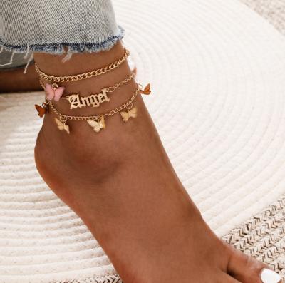 China Wholesale Trendy Ankle Chain Diamond Butterfly Ankle Chain Letter-Chain Metal Anklet Chain Set Summer Fashion Women Jewelry For Cool Girls for sale