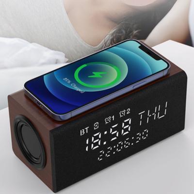 China Smart Watch 2022 Bestseller Promotion Gift Portable Custom Wooden Fast Qi 15w Desktop Wireless Charger With Alarm Clock for sale