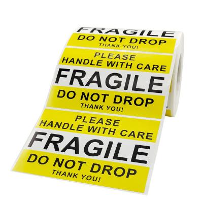 China 500pcs/roll Strong Viscosity Yellow Handle With Fragile Warning Care Sticker Roll for sale