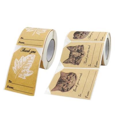 China Strong Viscosity 250pcs/roll Gift Tag Stickers Kraft Paper Thank You Wrapping Sticker for sale