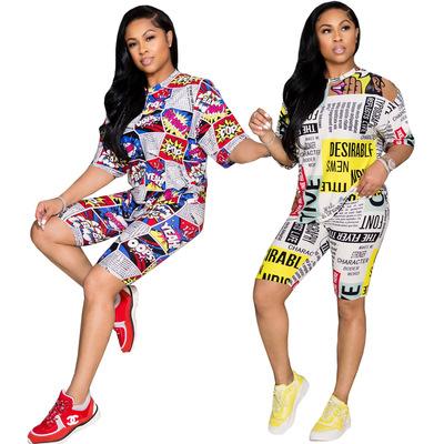 China 2021 new arrival summer women good quality anti-pilling print casual short sleeve shorts loose anti-pilling tracksuit random letter sports two-piece set for sale