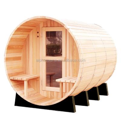 China Latest Design Hemlock Dry Steam Big Barrel Wood Shape Outdoor Sauna Alphasauna Factory for sale