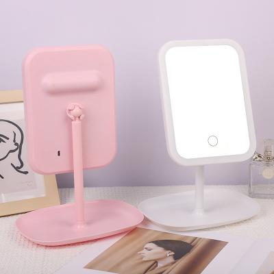 China Three Colors USB Rechargeable Vanity LED Table Light Makeup Mirror Bedroom Wireless Rechargeable Desktop Mirror With Lights Cosmetic Mirror for sale