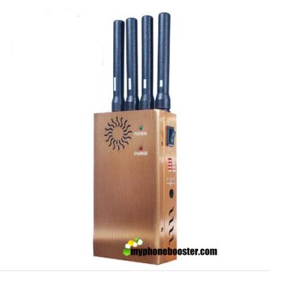 China DC12V 4 Antennas Golden 2w Cellular Jammer Blocker GPS Wifi 4G 3G GSM Signal Jammer Blocker With Fan/DIP/Leather Case for sale