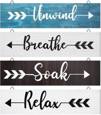 China Europe 4 Piece Farmhouse Bathroom Wall Decor Soak Relax Unwind Breathe Rustic Wooden Signs Plaque With Arrow Signs for sale