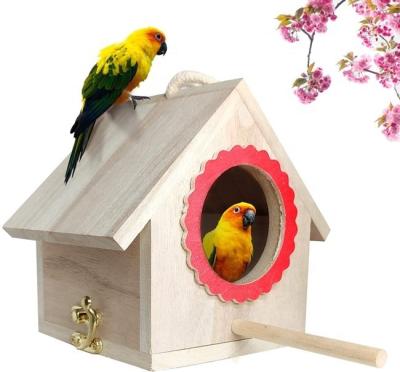 China Breathable Wooden Bird House Aviary Hanging Outdoor With Porch DIY Paintable Bird Nest Craft For Finch Wren Robin Sparrow for sale