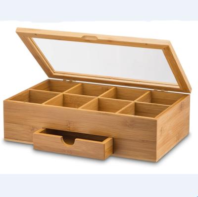 China Europe Natural Bamboo Tea Storage Box Wooden Tea Chest Organizer With Small Drawer Big Gift Idea for sale