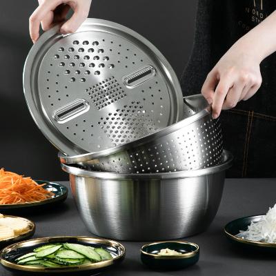 China Viable Drop Shipping 3 in 1 Vegetable Food Grater Rice Sieve Grater Slicing Basin Wash Colander Grater Stainless Steel Mixing Bowls for sale