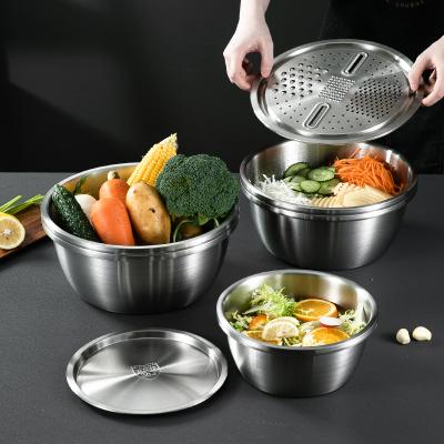 China Customized Viable 3 in 1 Food Grater Rice Sieve Vegetable Grater Slicing Basin Wash Colander Grater Stainless Steel Mixing Bowls for sale