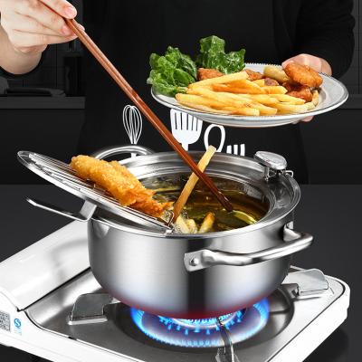 China Japanese Stocked Deep Fryer Pot Gas Fryer Tempura Skillet Drop Shipping Stainless Steel Pot Frying Pot With Thermometer for sale