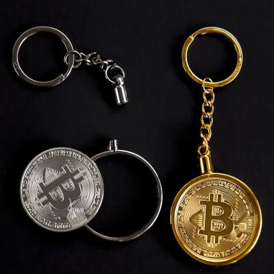 China Souvenir Gift Items Custom Shape Made Pure Copper Bitcoin Stamping Crypto Printing Key Chain With Acrylic Bottle Cap for sale