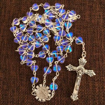 China Religious 8mm ab plating glass heart beads rosary with Benedict center and Jesus cross for wedding for sale