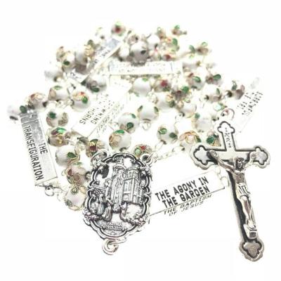 China Popular religious style rosary 8mm white cloisonne necklace with five mysteries for sale